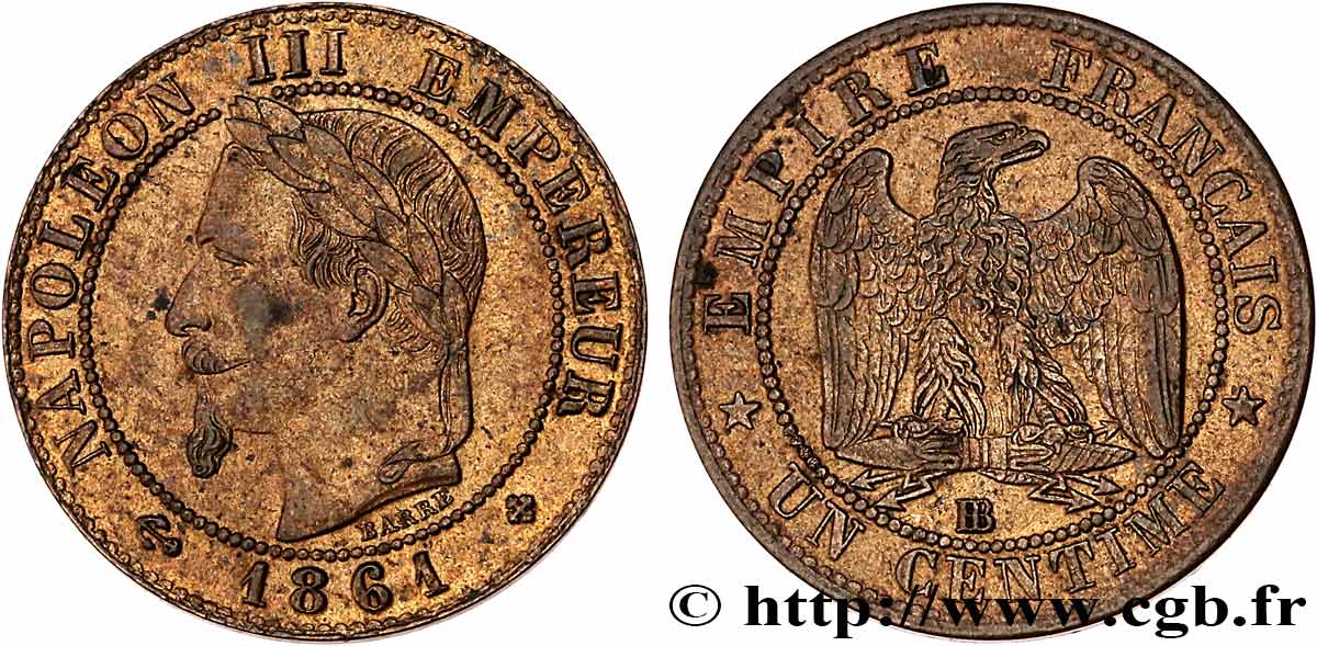 Un centime Napoléon III, tête laurée 1861 Strasbourg F.103/2 SUP60 