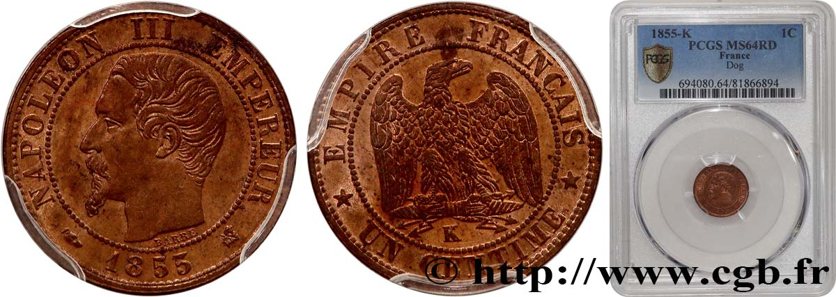 Un centime Napoléon III, tête nue 1855 Bordeaux F.102/21 SPL64 PCGS