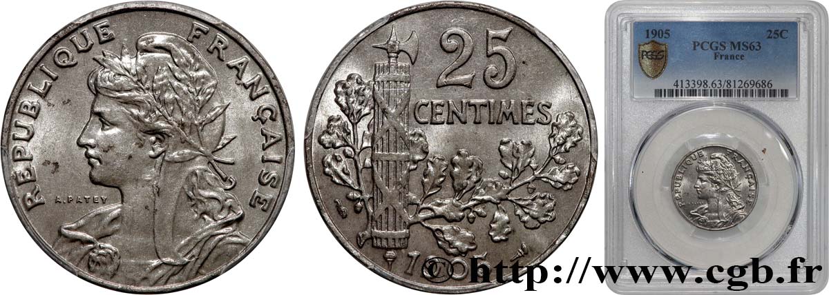 25 centimes Patey, 2e type 1905  F.169/3 SPL63 PCGS