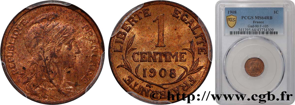 1 centime Daniel-Dupuis 1908 Paris F.105/10 SPL64 PCGS