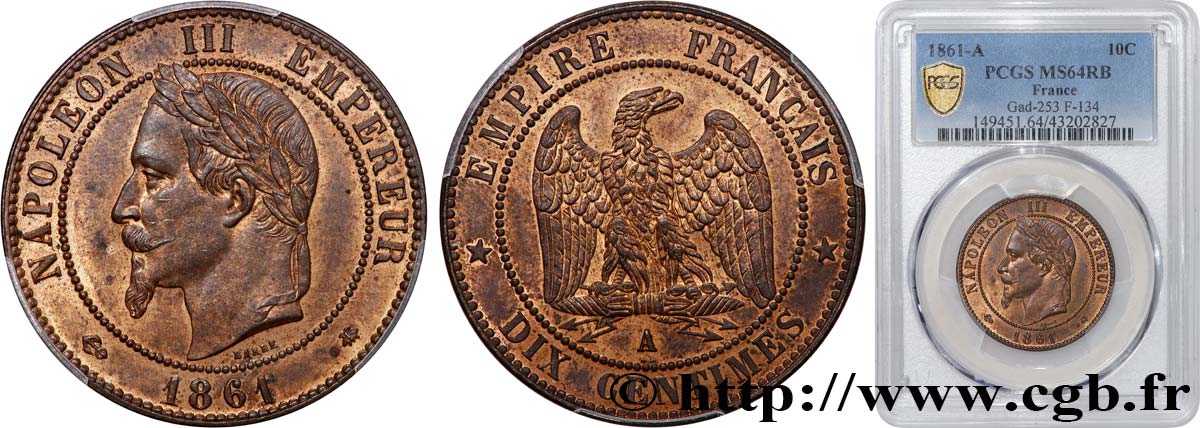 Dix centimes Napoléon III, tête laurée 1861 Paris F.134/4 SC64 PCGS