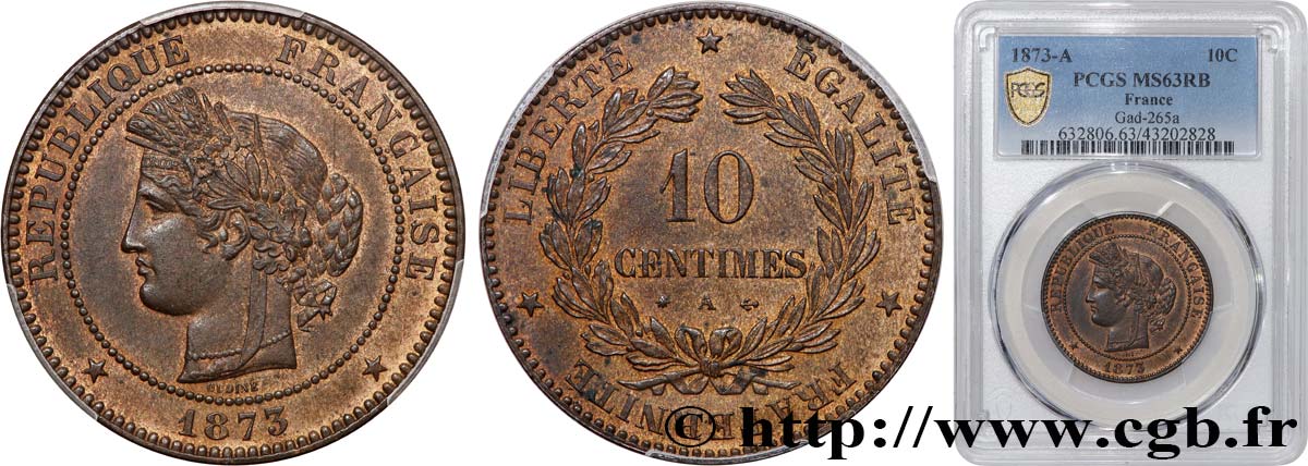 10 centimes Cérès 1873 Paris F.135/10 SPL63 PCGS