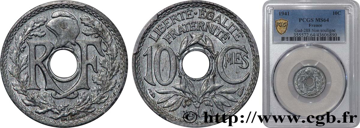10 centimes Lindauer en zinc, Cmes non souligné et millésime sans points 1941  F.140A/1 SC64 PCGS