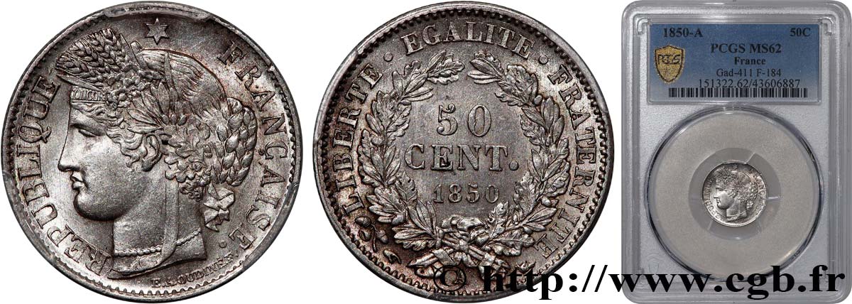 50 centimes Cérès, IIe République 1850 Paris F.184/2 SUP62 PCGS