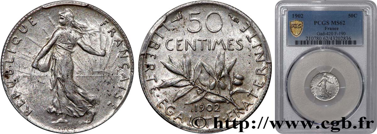 50 centimes Semeuse 1902 Paris F.190/9 MS62 PCGS