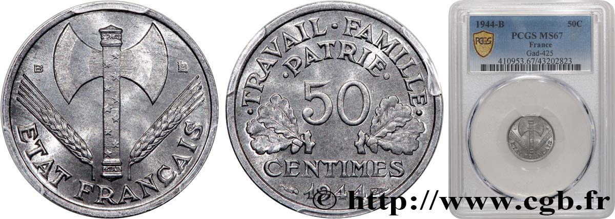 50 centimes Francisque, légère 1944 Beaumont-Le-Roger F.196/5 MS67 PCGS