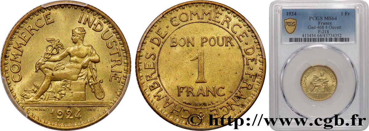 1 franc Chambres de Commerce 1924 Paris F.218/6 MS64 PCGS