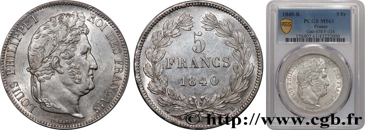 5 francs IIe type Domard 1840 Rouen F.324/84 SUP61 PCGS