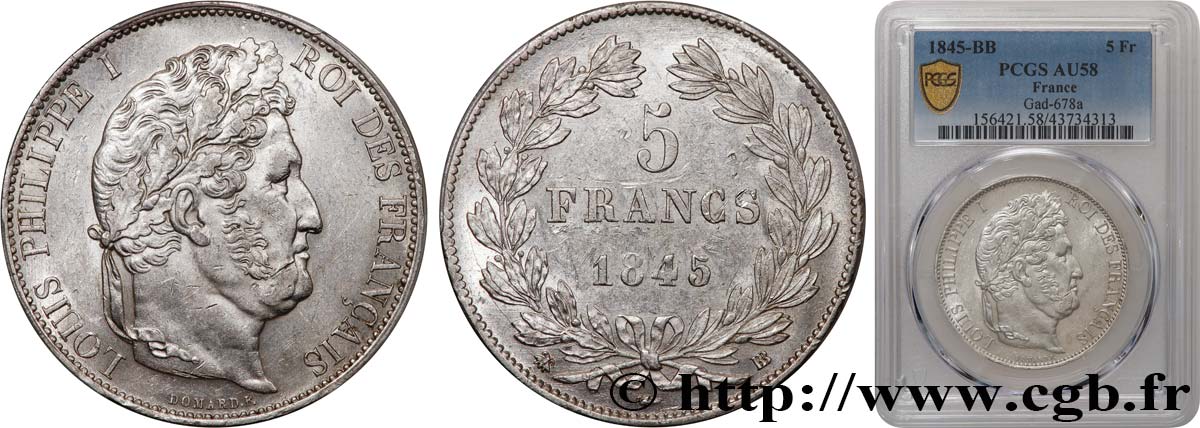 5 francs IIIe type Domard 1845 Strasbourg F.325/7 SUP58 PCGS