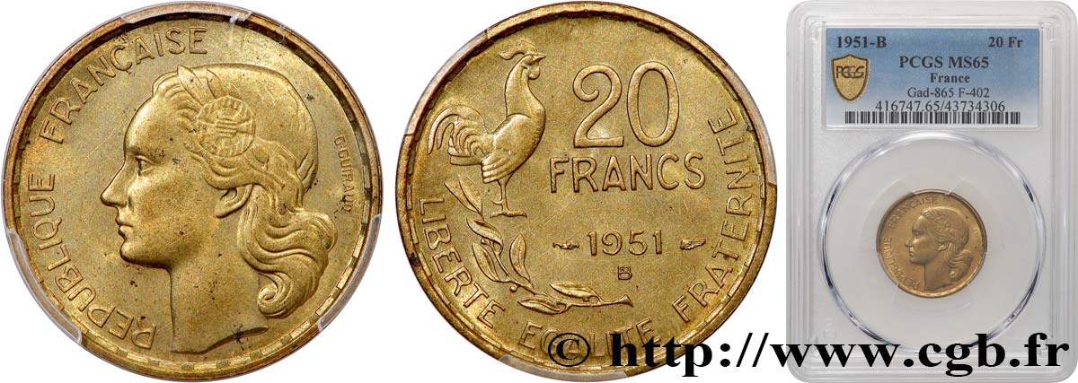 20 francs G. Guiraud 1951 Beaumont-Le-Roger F.402/8 FDC65 PCGS