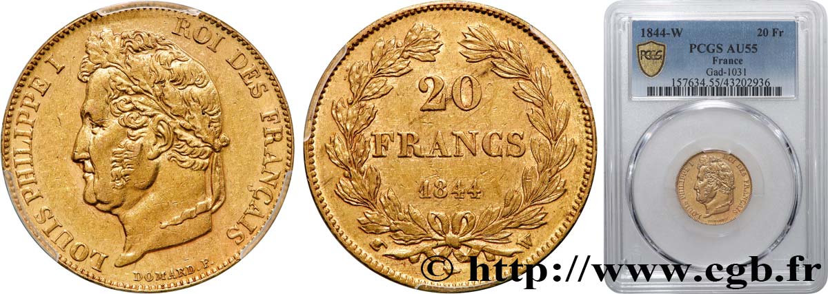 20 francs Louis-Philippe, Domard 1844 Lille F.527/32 AU55 PCGS