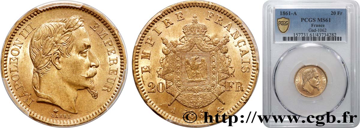 20 francs or Napoléon III, tête laurée 1861 Paris F.532/1 SUP61 PCGS