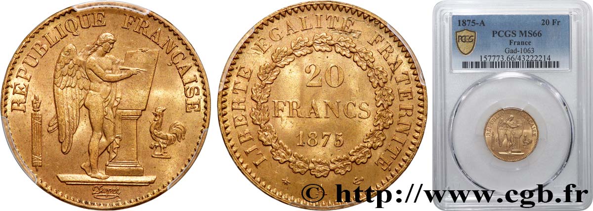 20 francs or Génie, Troisième République 1875 Paris F.533/3 MS66 PCGS