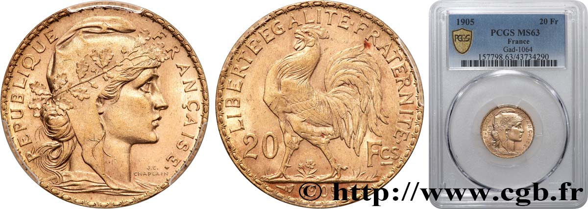 20 francs or Coq, Dieu protège la France 1905 Paris F.534/10 SC63 PCGS