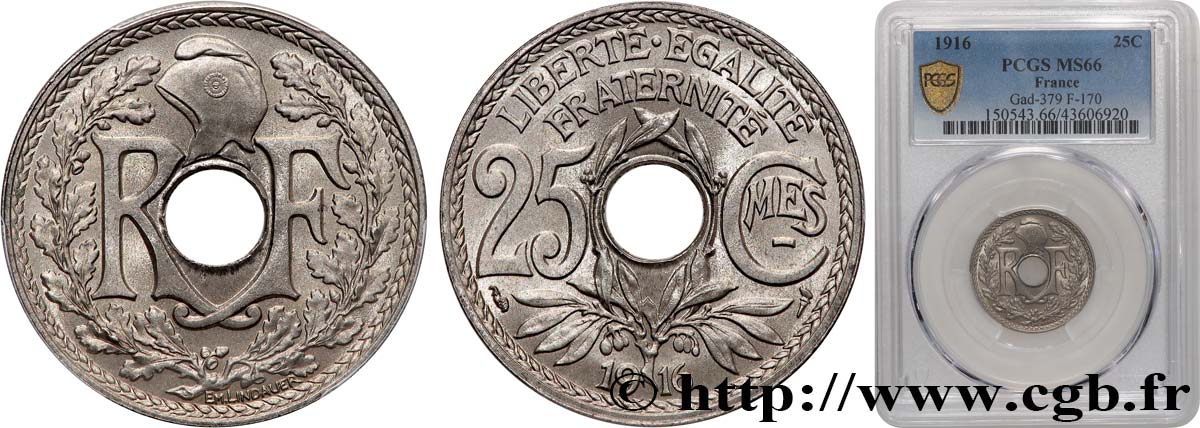 25 centimes Lindauer, Cmes souligné 1916 Paris F.170/4 MS66 PCGS