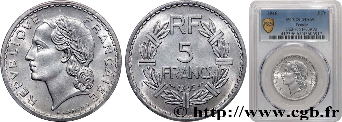 5 francs Lavrillier, aluminium 1946  F.339/6 ST65 PCGS