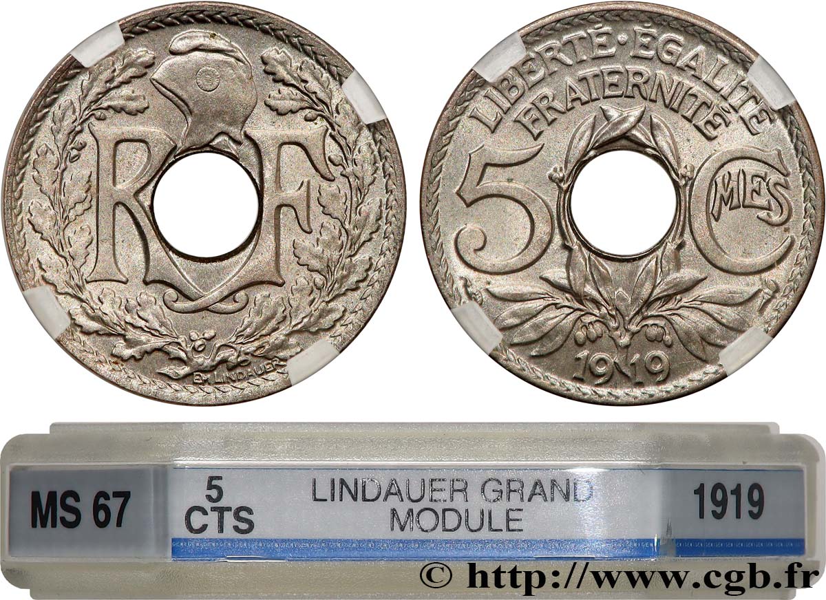 5 centimes Lindauer, grand module 1919 Paris F.121/3 MS67 GENI
