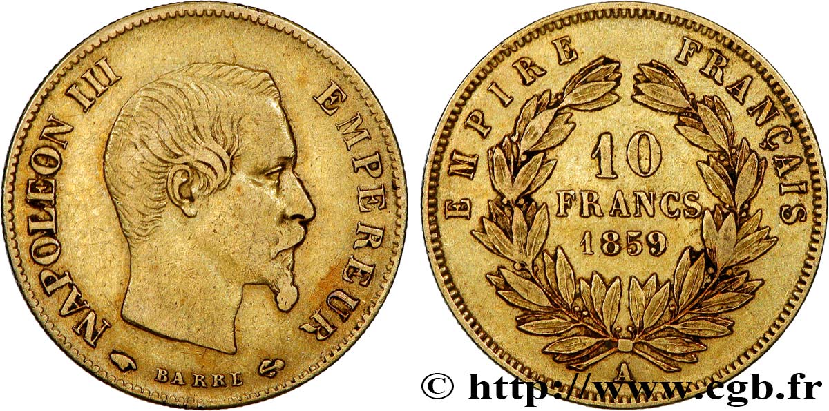 10 francs or Napoléon III, tête nue 1859 Paris F.506/7 TB+ 