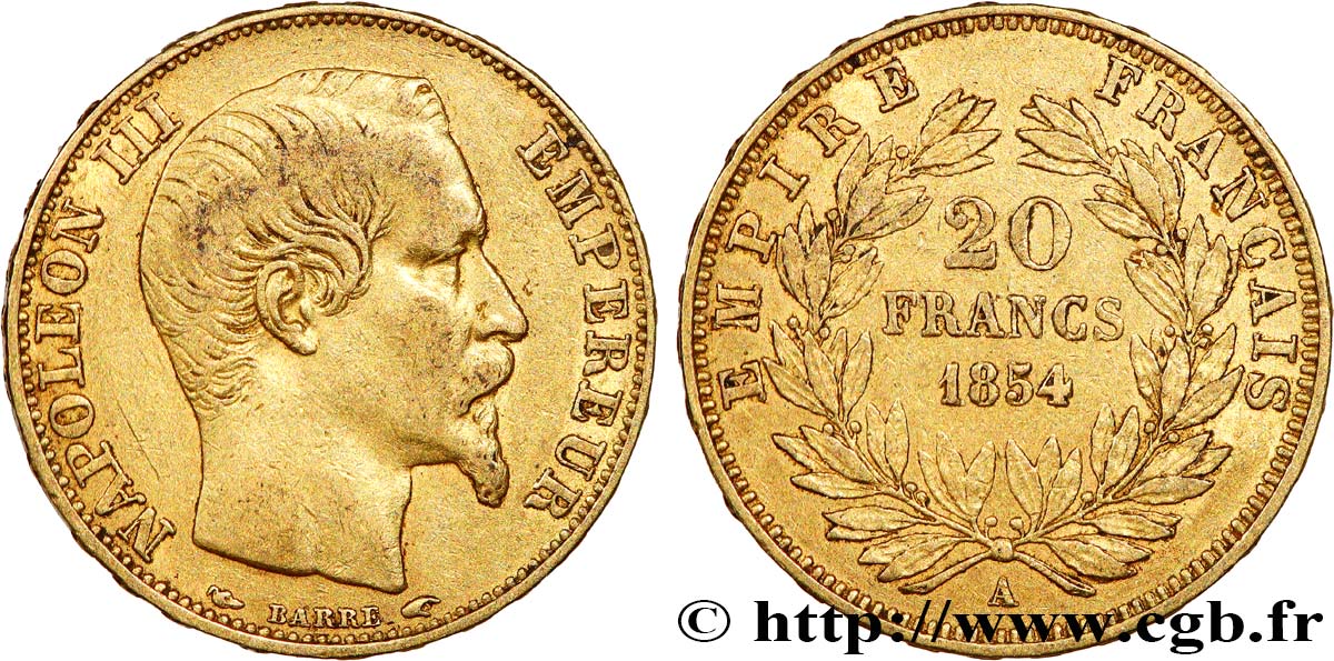20 francs or Napoléon III, tête nue 1854 Paris F.531/2 XF 