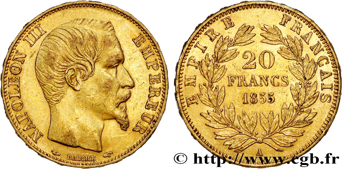20 francs or Napoléon III, tête nue 1855 Paris F.531/3 TTB+ 
