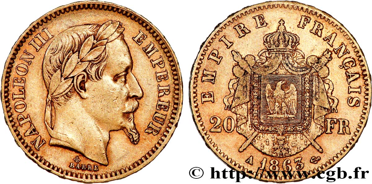 20 francs or Napoléon III, tête laurée 1863 Paris F.532/6 XF 