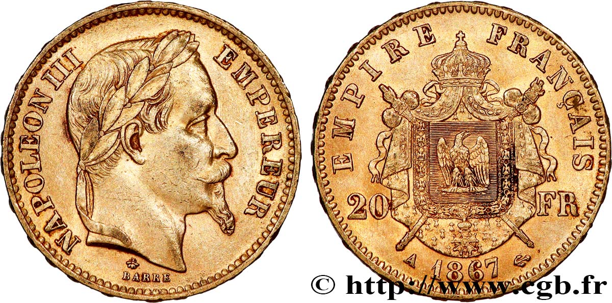 20 francs or Napoléon III, tête laurée 1867 Paris F.532/15 TTB+ 