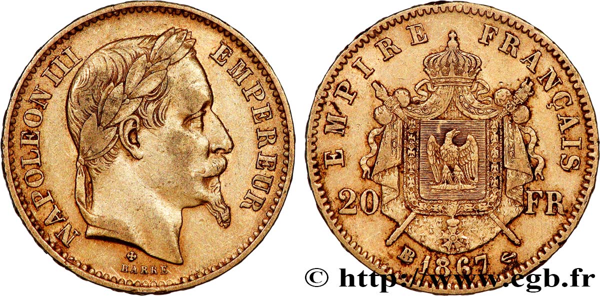 20 francs or Napoléon III, tête laurée 1867 Strasbourg F.532/17 TB+ 