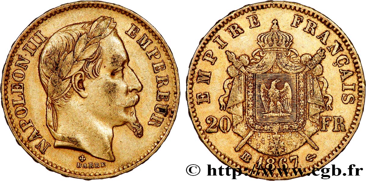 20 francs or Napoléon III, tête laurée 1867 Strasbourg F.532/17 TTB 