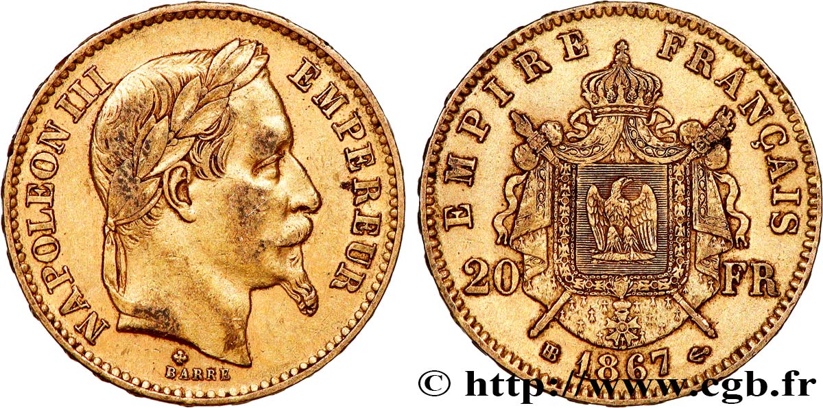 20 francs or Napoléon III, tête laurée 1867 Strasbourg F.532/16 TTB 