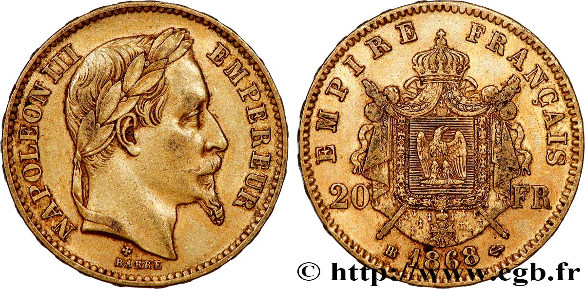 20 francs or Napoléon III, tête laurée 1868 Strasbourg F.532/19 XF 