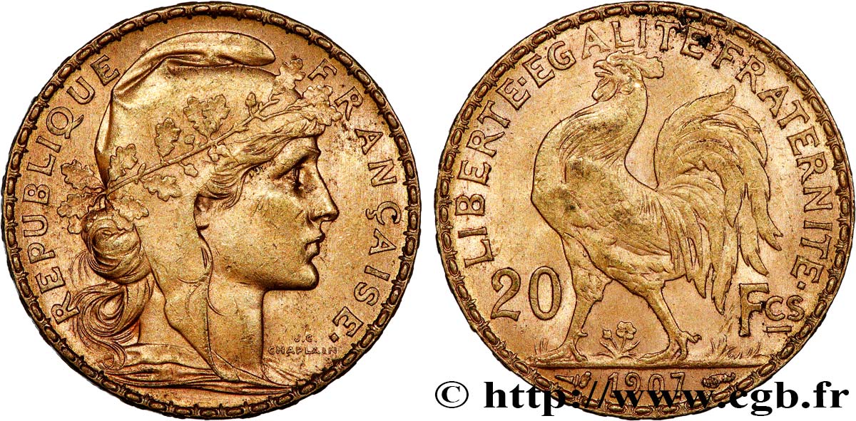 20 francs or Coq, Liberté Égalité Fraternité 1907 Paris F.535/1 AU 