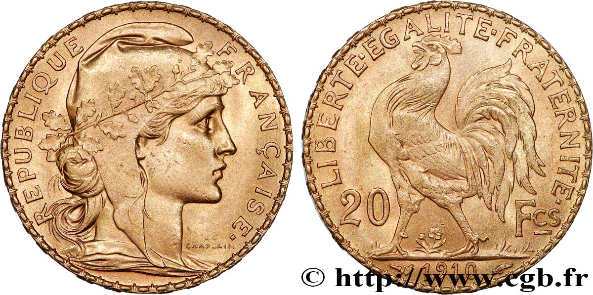 20 francs or Coq, Liberté Égalité Fraternité 1910 Paris F.535/4 MS 
