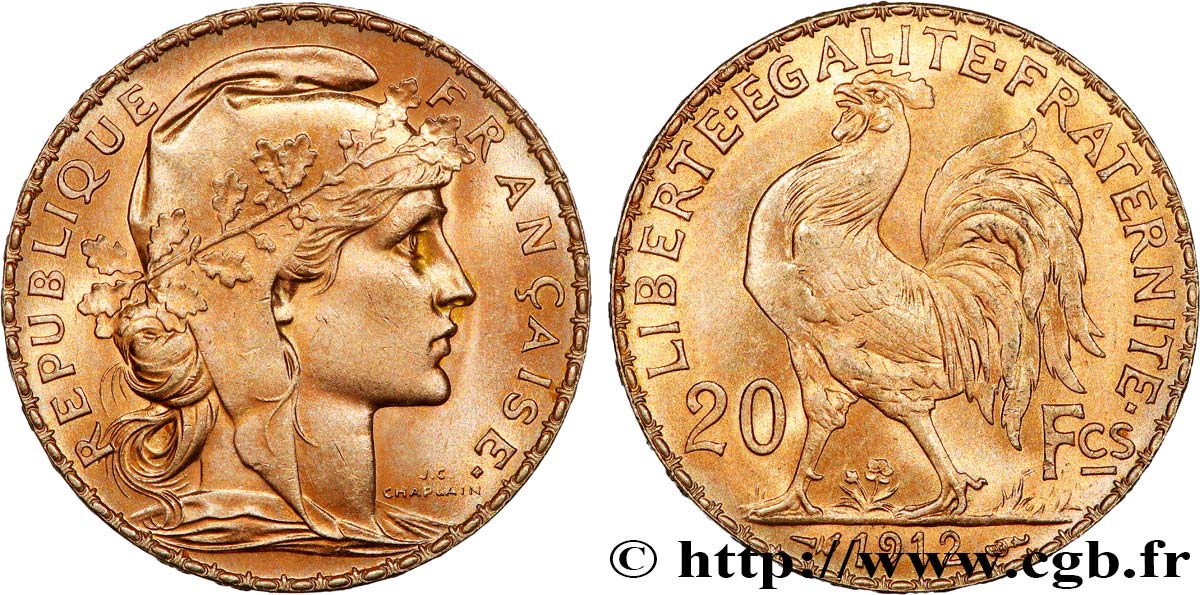 20 francs or Coq, Liberté Égalité Fraternité 1912 Paris F.535/6 SUP+ 