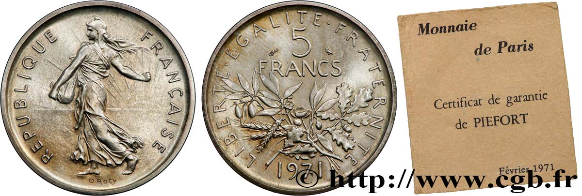 Piéfort argent de 5 francs Semeuse 1971 Paris GEM.154 P2 FDC 