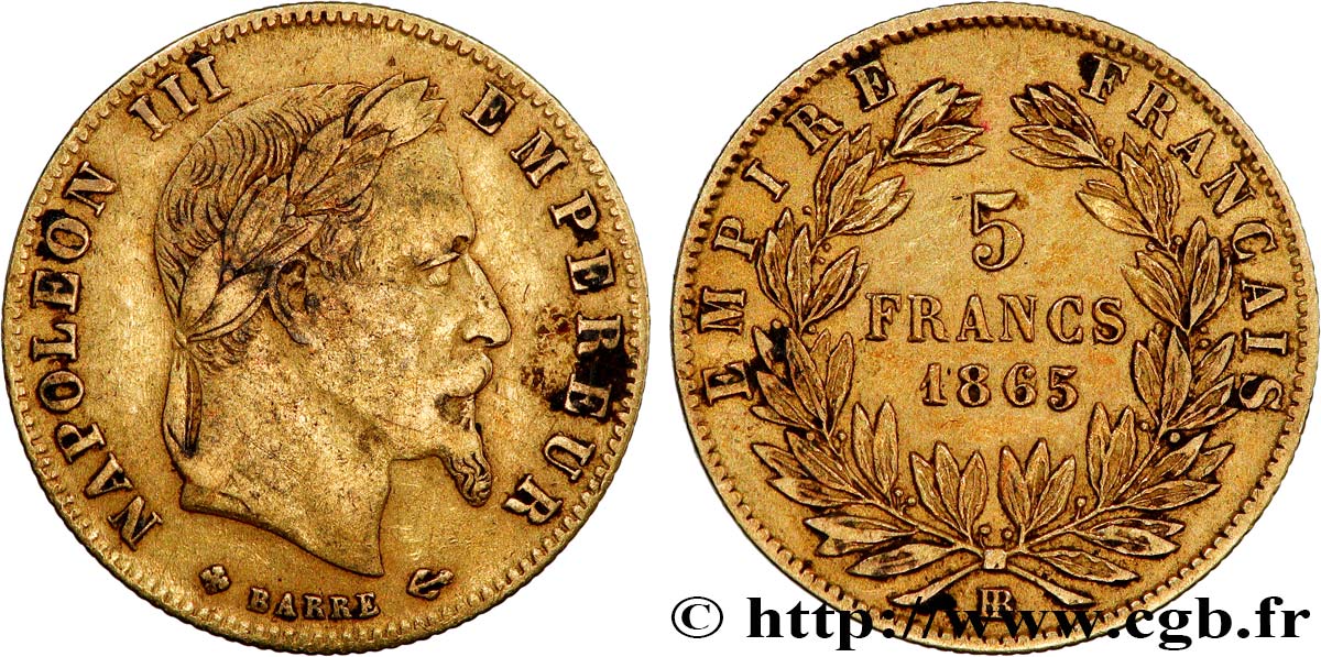 5 francs or Napoléon III, tête laurée 1865 Strasbourg F.502/8 VF/XF 