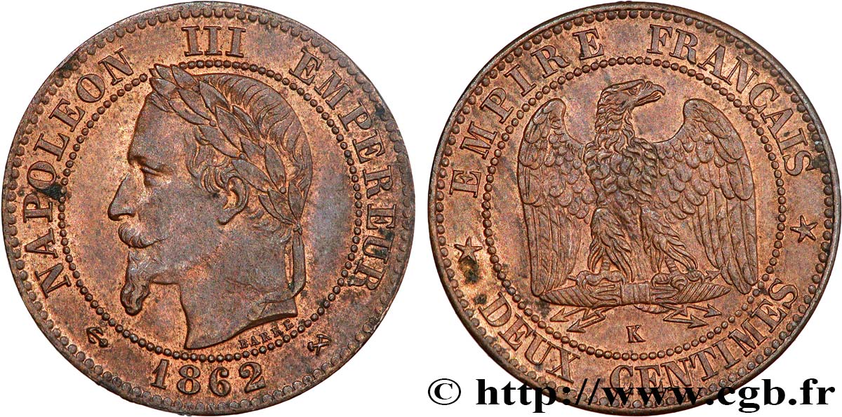 Deux centimes Napoléon III, tête laurée 1862 Bordeaux F.108A/7 SUP55 