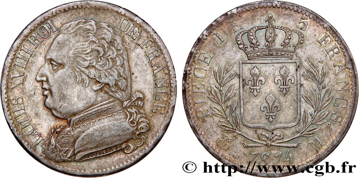 5 francs Louis XVIII, buste habillé 1814 Toulouse F.308/9 TTB53 