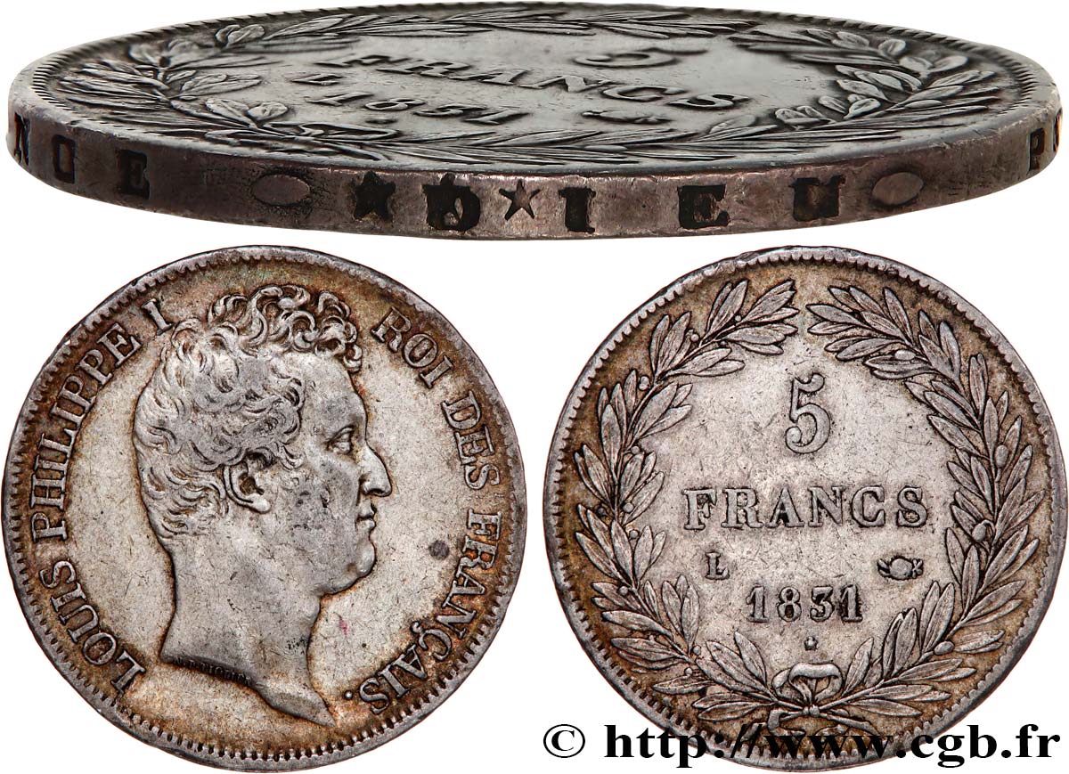 5 francs type Tiolier avec le I, tranche en creux 1831 Bayonne F.315/21 XF45 