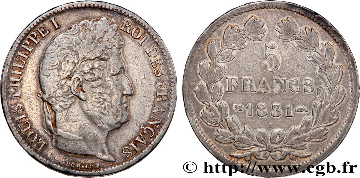 5 francs Ier type Domard, tranche en relief 1831 Strasbourg F.320/3 TB+ 