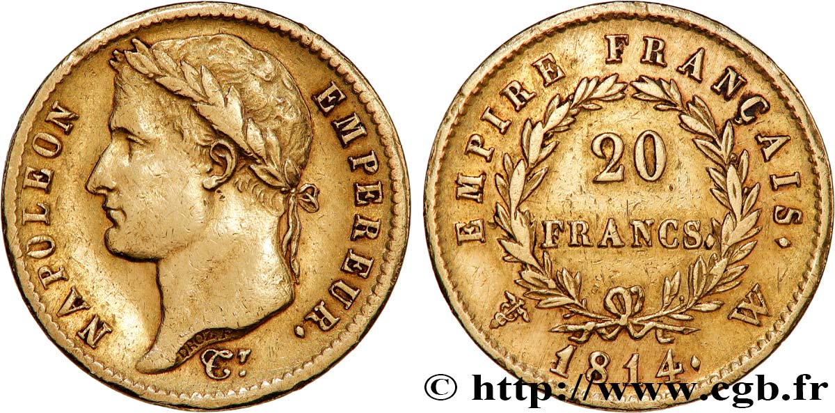 20 francs or Napoléon, tête laurée, Empire français 1814 Lille F.516/42 MBC 
