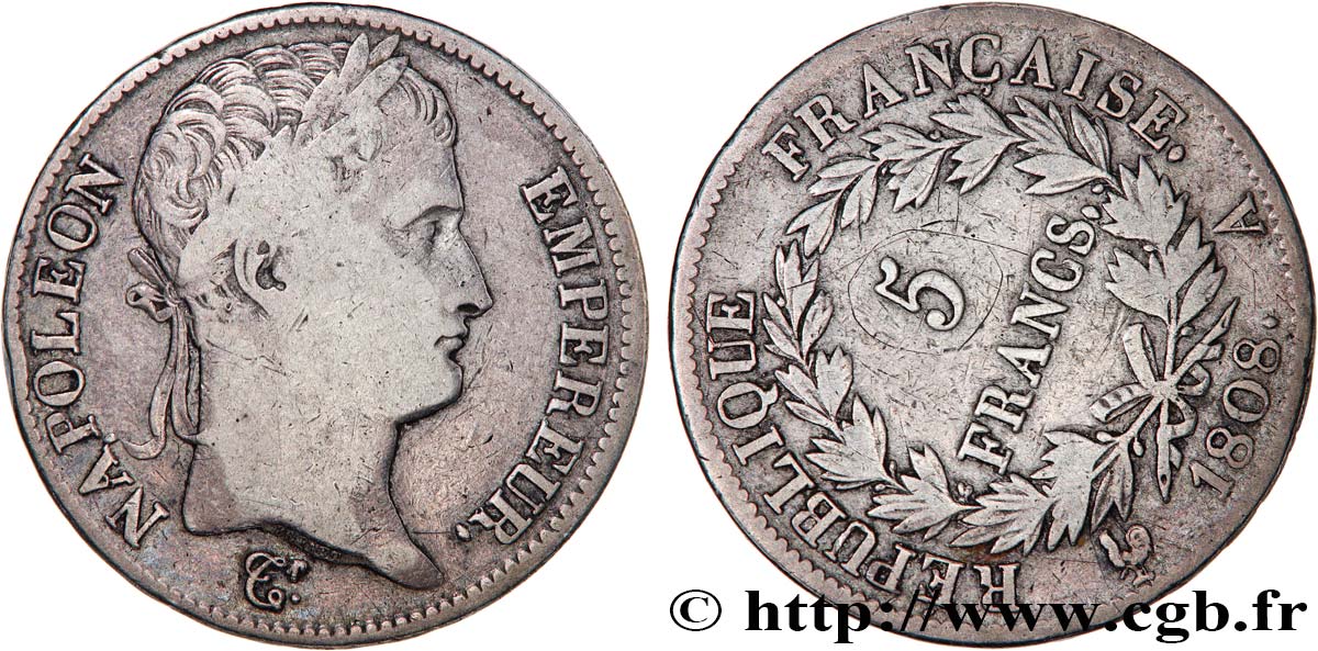 5 francs Napoléon Empereur, République française, Fautée Coins Tournés 1808 Paris F.306/2 var. VF 