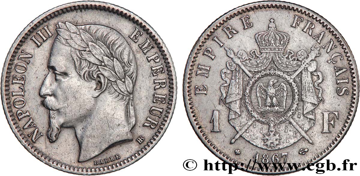 1 franc Napoléon III, tête laurée 1867 Strasbourg F.215/7 TTB45 