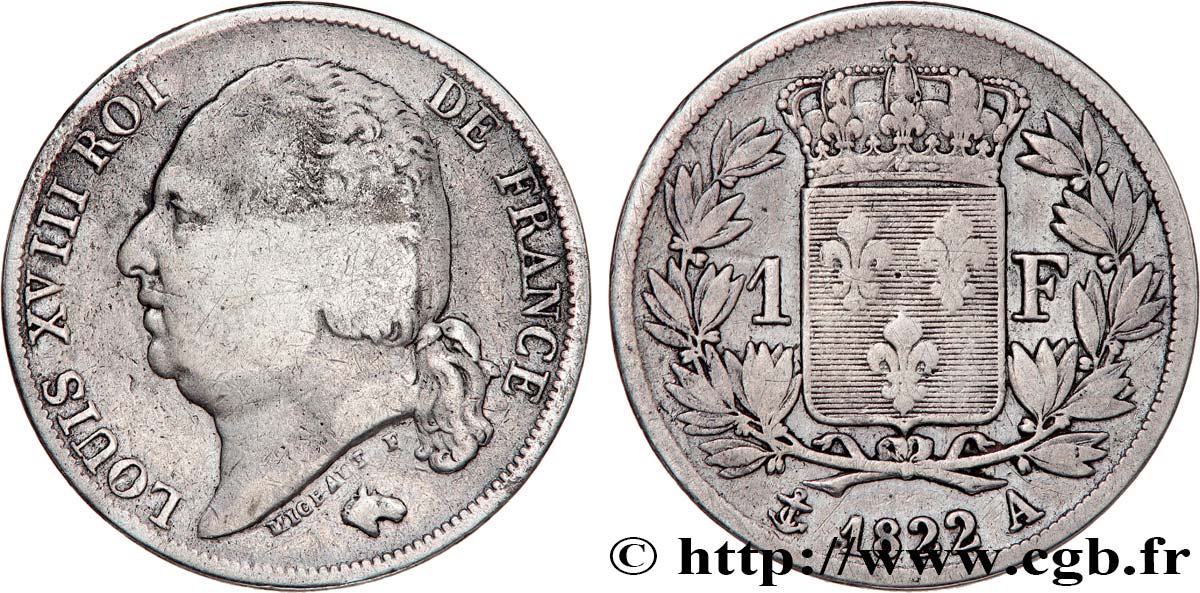 1 franc Louis XVIII 1822 Paris F.206/40 TB 