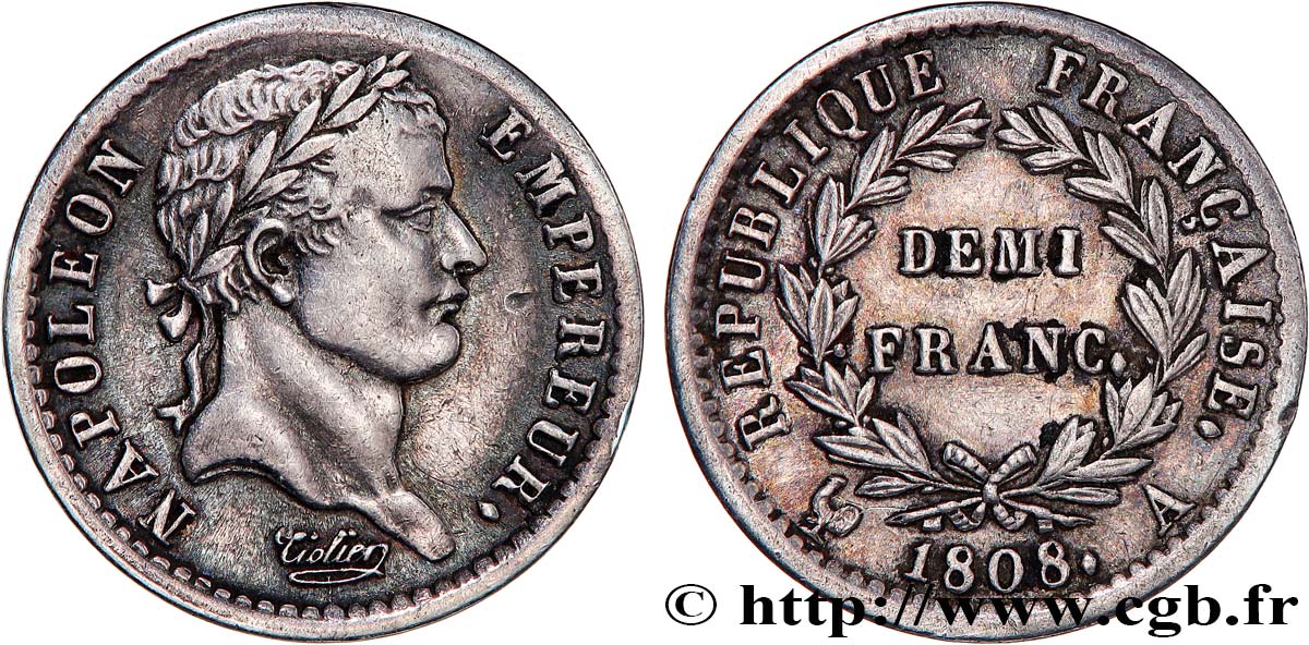 Demi-franc Napoléon Ier tête laurée, République française 1808 Paris F.177/2 TTB50 