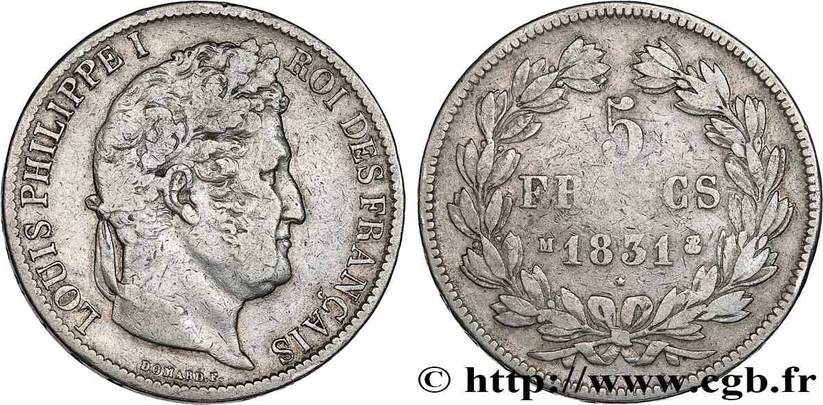5 francs Ier type Domard, tranche en creux 1831 Toulouse F.319/5 BC 