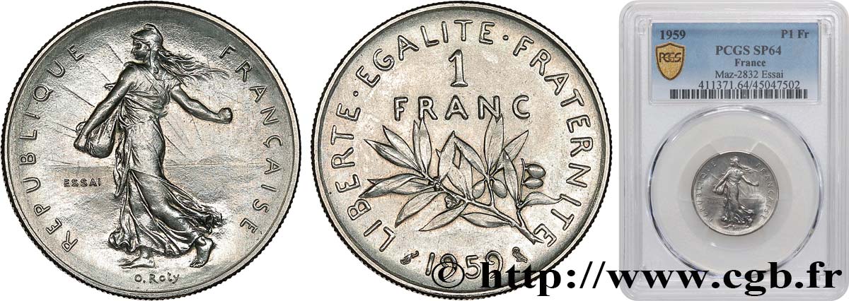Essai dit “Haut Relief” de 1 franc Semeuse, nickel 1959 Paris F.226/2 SPL64 PCGS