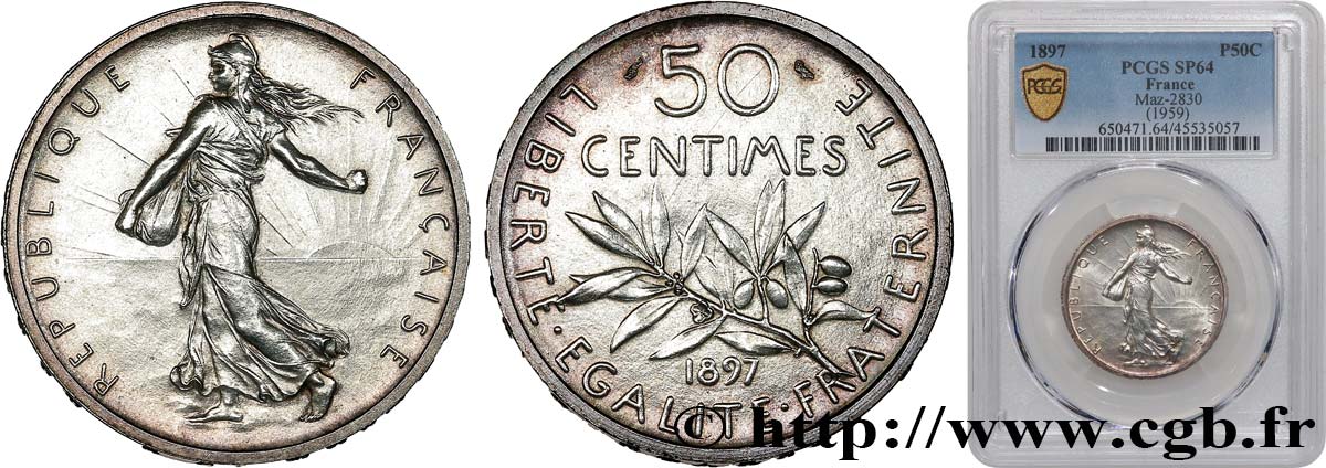 Essai au module de 5 francs et au revers de 50 centimes Semeuse 1897 Paris GEM.152 1 SPL64 PCGS