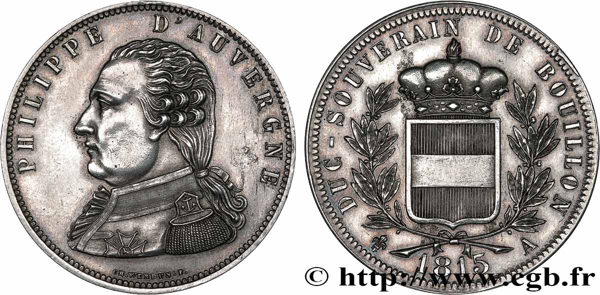 Essai apocryphe en argent au module de 5 francs pour Philippe d’Auvergne 1815  Maz.750  SUP+ 