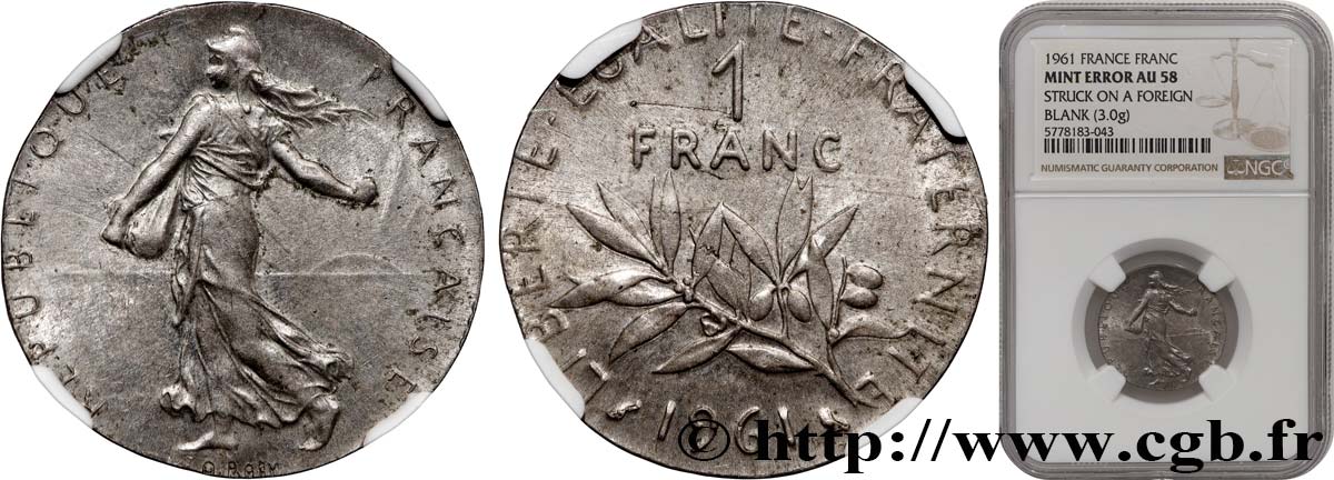 1 franc Semeuse, nickel 1961 Paris F.226/6 var. AU58 NGC