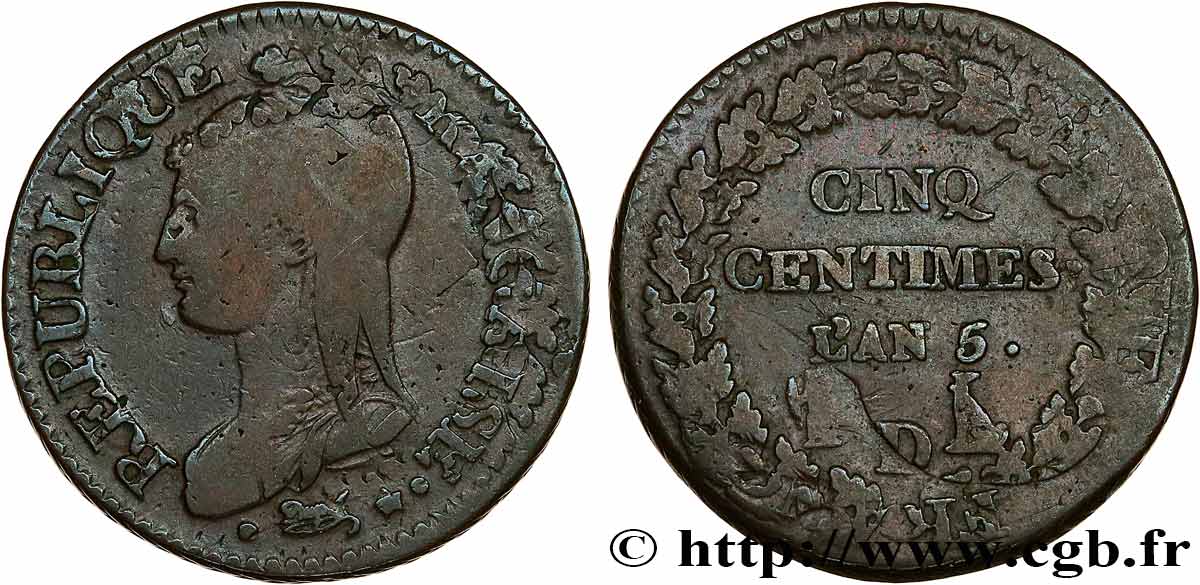 Cinq centimes Dupré, grand module,  refrappage  du décime 1797 Lyon F.114/7 S25 